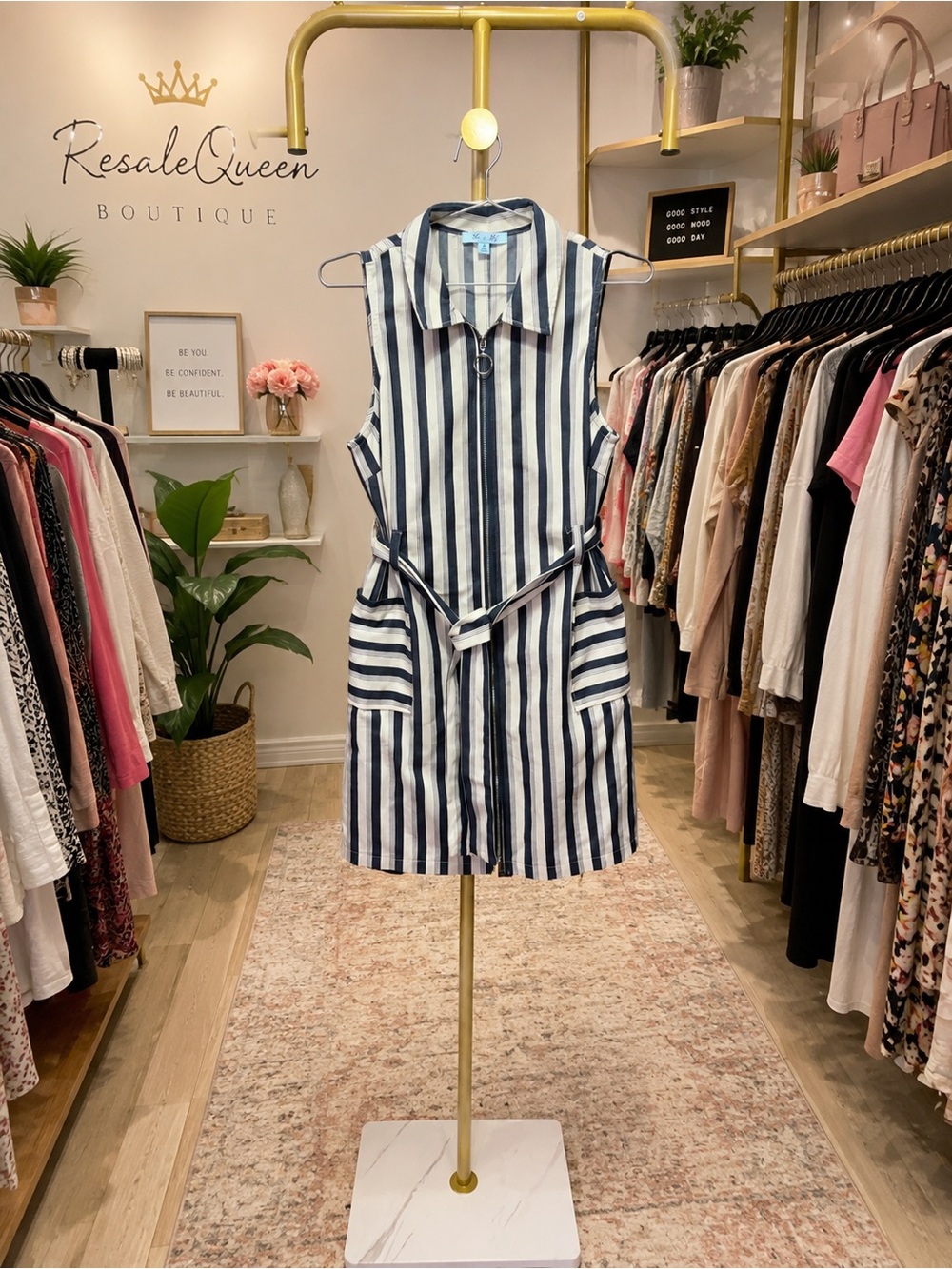 NWOT She + Sky Navy & White Striped Sleeveless Tie-Waist Mini Dress